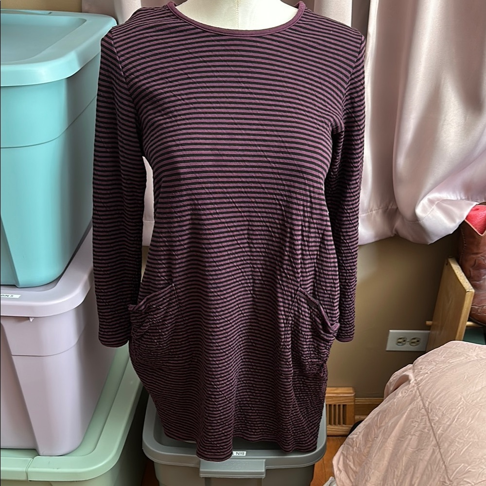 Chic Purple and Black Striped Dress with Pockets